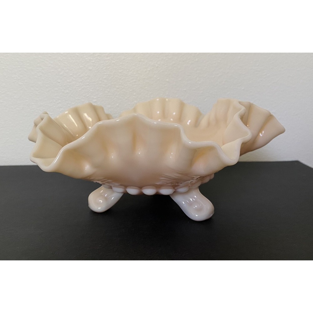 Vintage Westmoreland 3 Footed Candy Dish Ruffled Edge Almond/Peach Grape Pattern